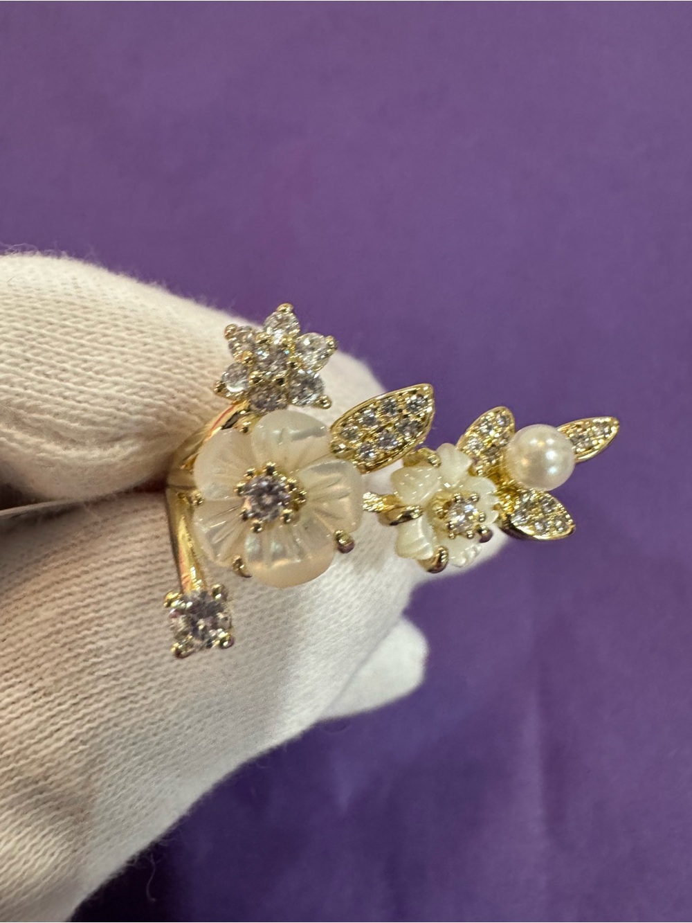 Melinda Maria Gold Floral Pearl & Diamondette Ring- 6